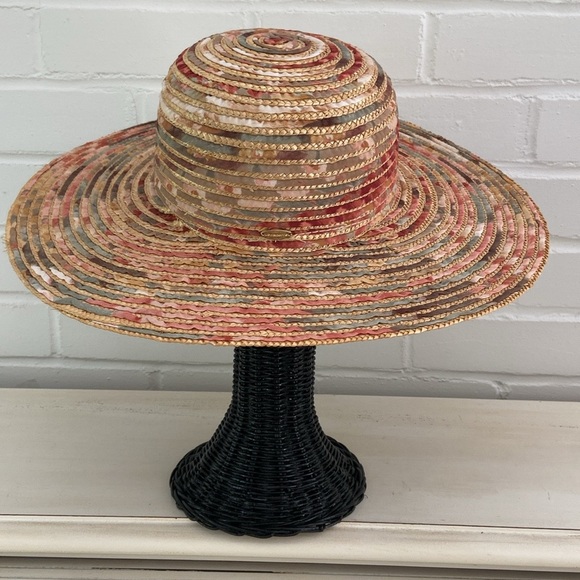 Classic Old-Style Muted Multi-Colored Wicker Liz Claiborne Summer Beach Pool Hat - Picture 1 of 9